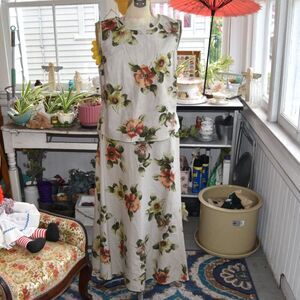 Newport News Floral Linen Blend 2 Piece Maxi Skirt Top Set Size 18
